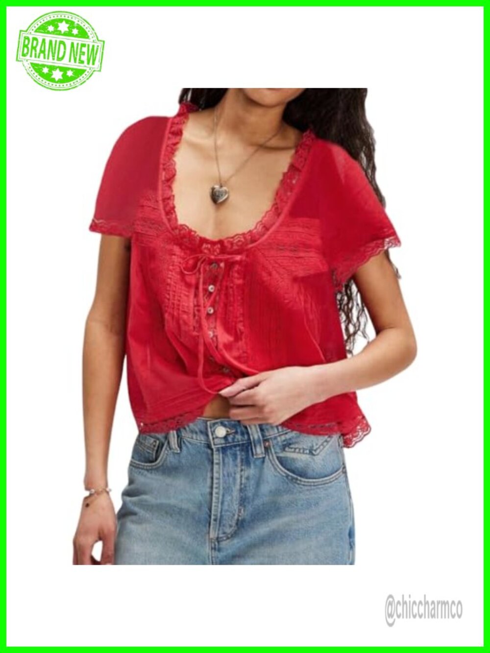 Women Boho Lace Trim Button Down Crop Tee Scoop Neck Ruffle Short Sleeve Tie